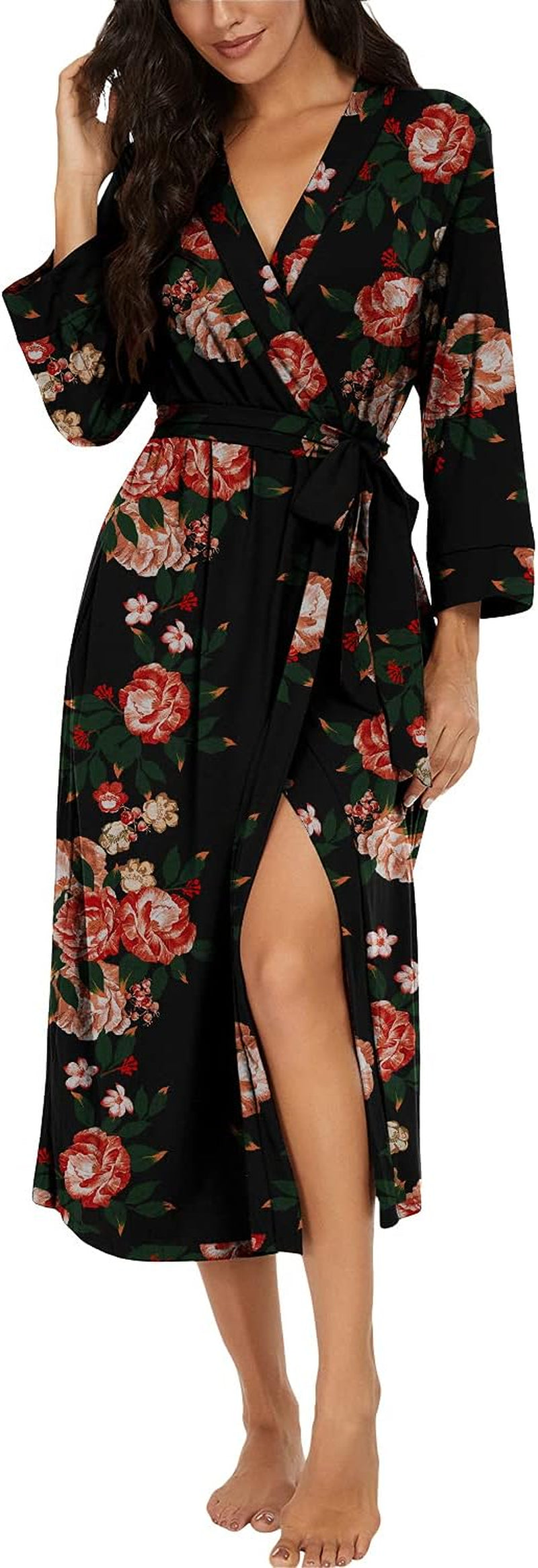 Women Kimono Robes Long Knit Bathrobe Lightweight Soft Knit Sleepwear V-Neck Casual Ladies Loungewear