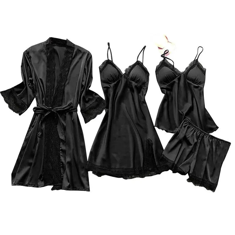 4PCS Sleepwear Pajamas Set Silk Women Nightdress Lace Dress Robe Sleep Nightwear Silk Solid Color Pijama Sets