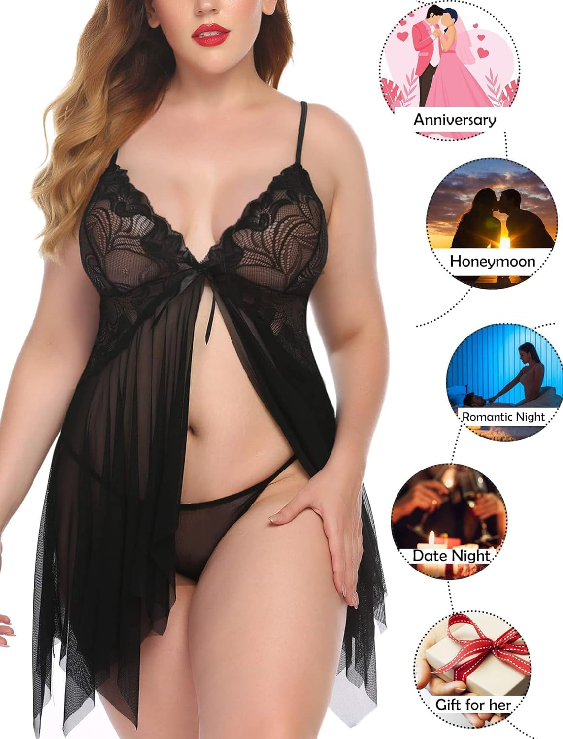 plus Size Lingerie Babydoll Chemise Lace Sleepwear Boudoir Outfit (Black, XXL)