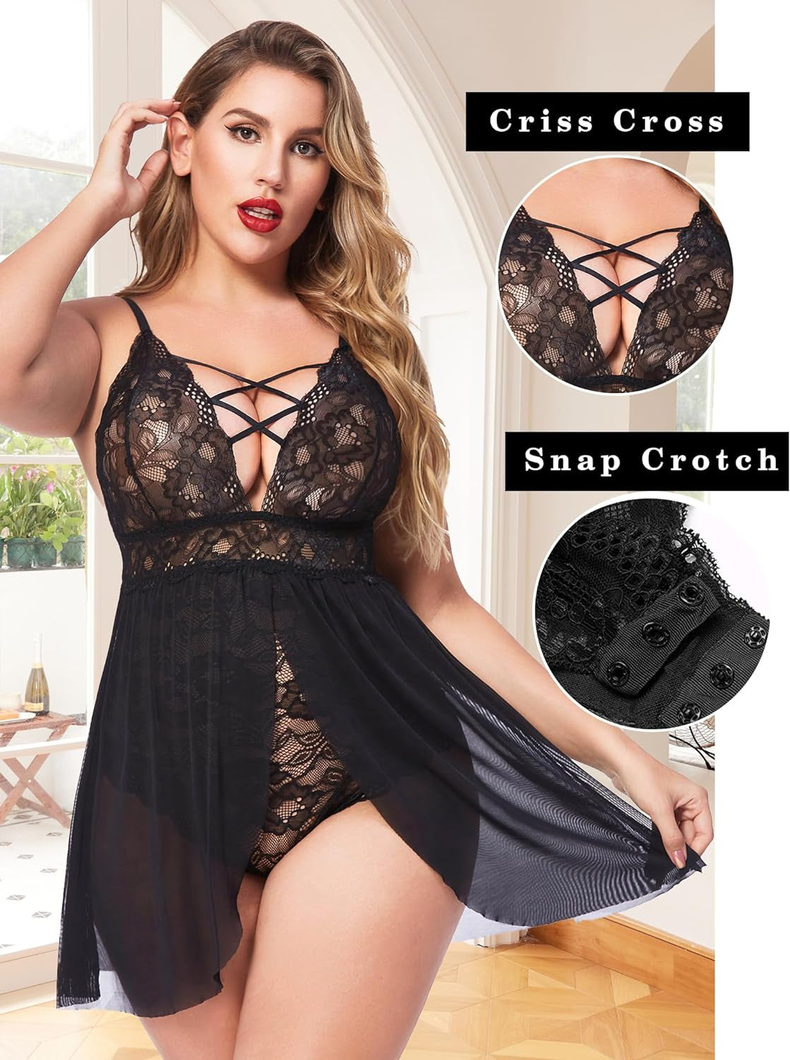 Lingerie for Women plus Size Lace Chemise One Piece Teddy Bodysuit Black