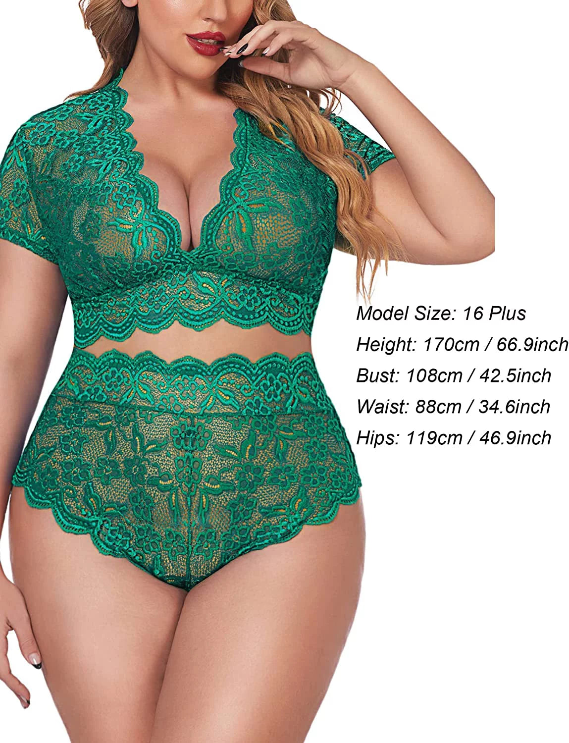 plus Size Lingerie plus Floral Lace Scallop Trim Lingerie Set Deep V Allover Lace Bra Panties Set Sexy Clubwear (22 plus Green)