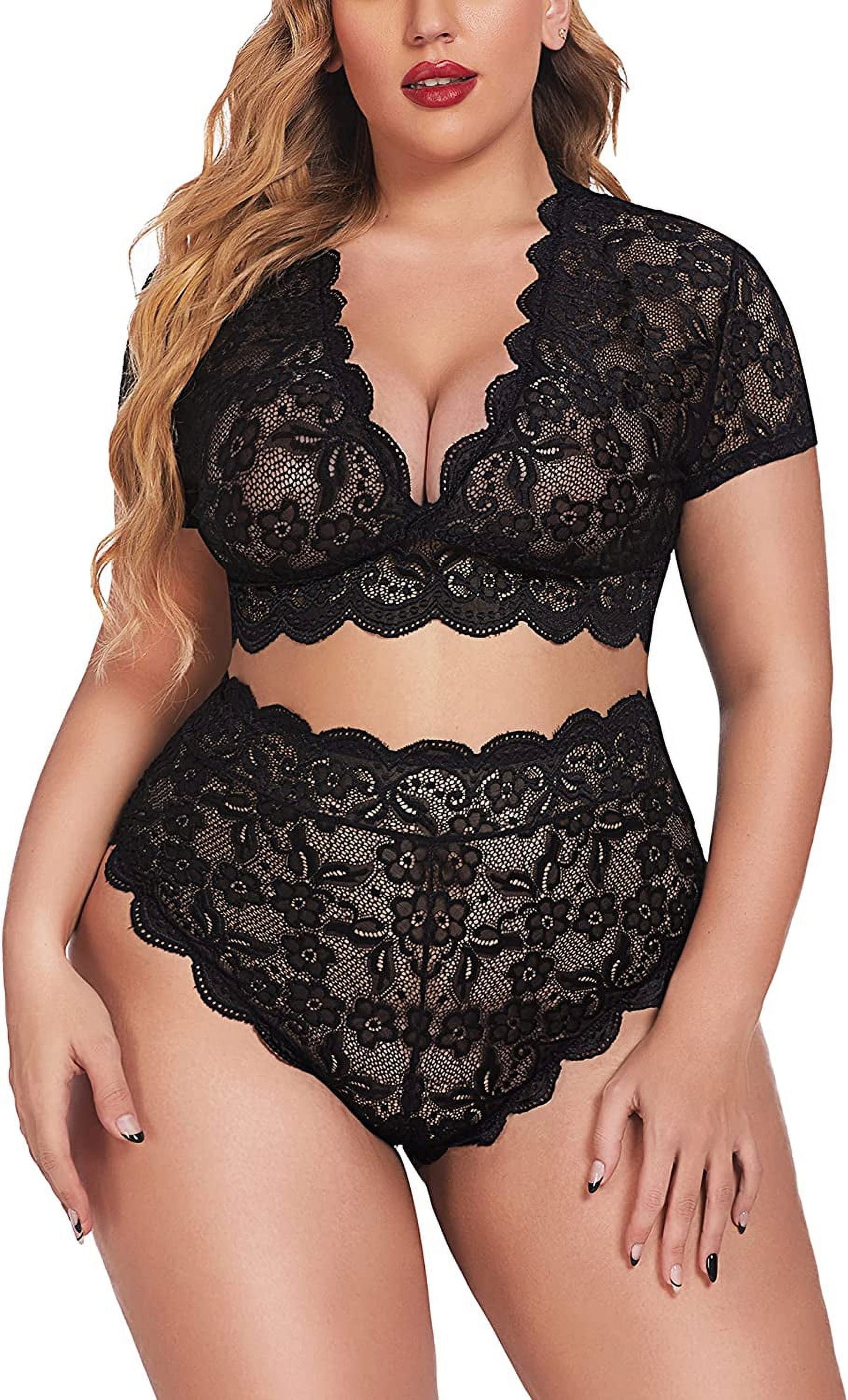 plus Size Lingerie plus Floral Lace Scallop Trim Lingerie Set Bra Panties Set(14W Black)