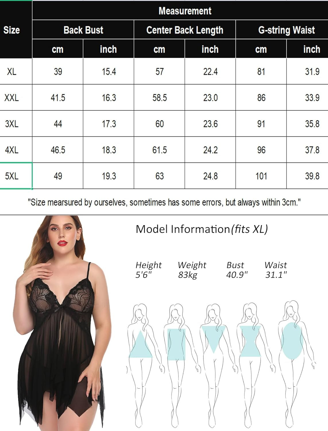 plus Size Lingerie Babydoll Chemise Lace Sleepwear Boudoir Outfit (Black, XXL)