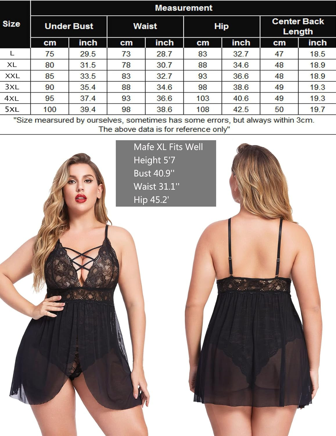 Lingerie for Women plus Size Lace Chemise One Piece Teddy Bodysuit Black