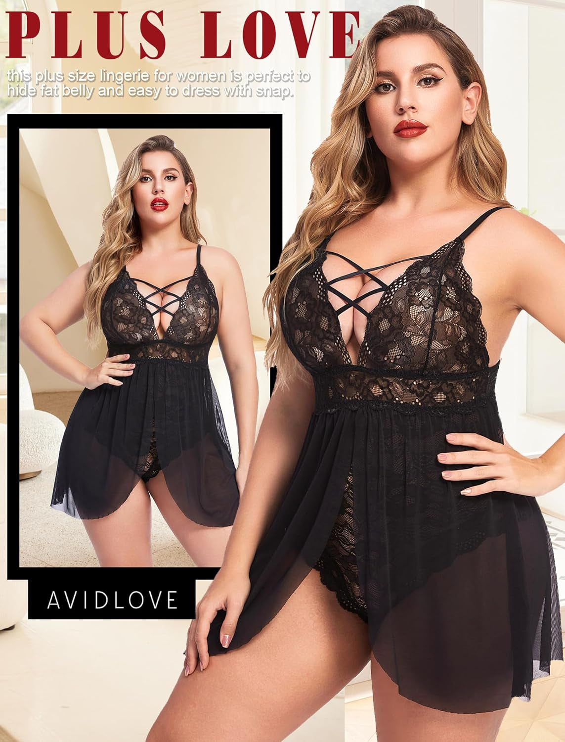 Lingerie for Women plus Size Lace Chemise One Piece Teddy Bodysuit Black