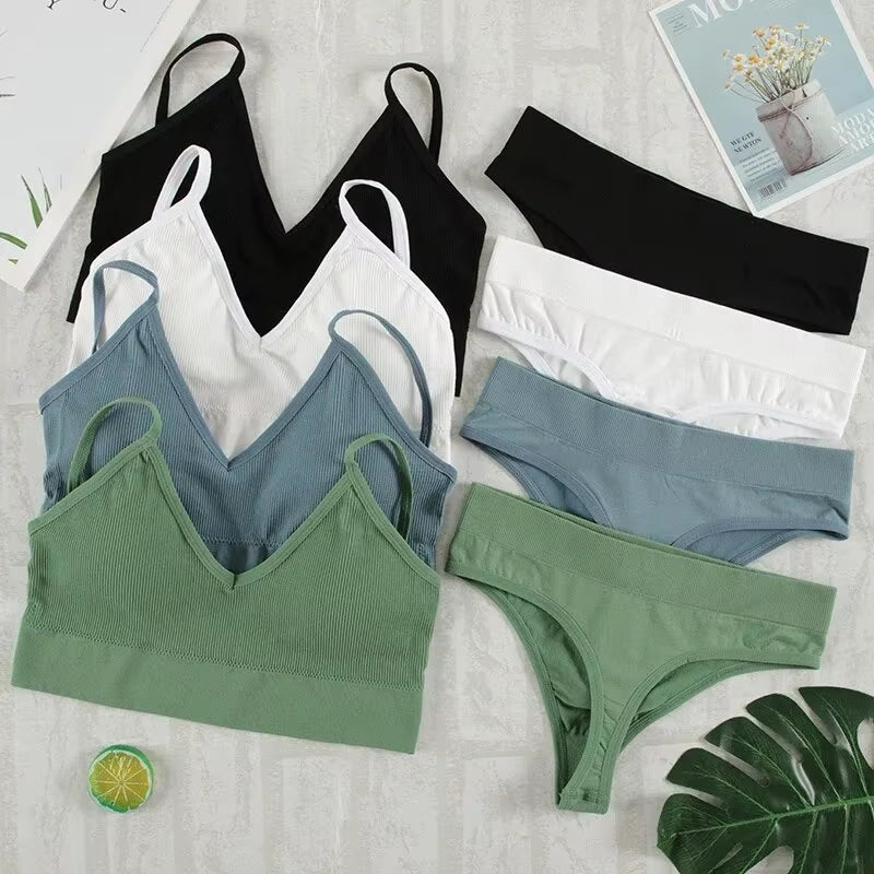 2Pcs Bra Set Underwear Set Women Panties Sexy G-String Seamless Bralette Female Lingerie Soft Tank Crop Top