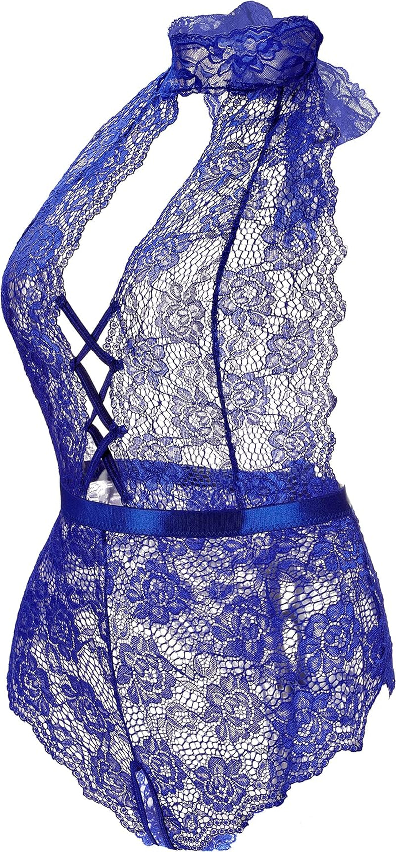 Plus Size Lingerie for Women Sexy Halter Teddy Bodysuit Lace Deep V One Piece Chemise Clubwear Blue,Xxl