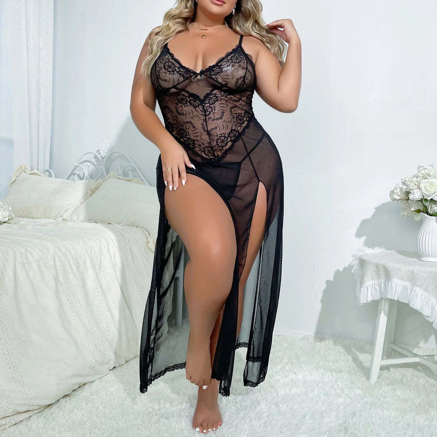 Lingerie for Women plus Size，  Babydoll Womens Lingerie Set， Sleeveless Chemise Nightwear Size in XL 2XL 3XL 4XL, Black